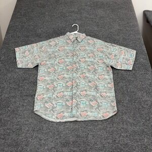 Vintage Shah Safari Button Down Shirt Mens M Grey Cotton Abstract Tribal Retro